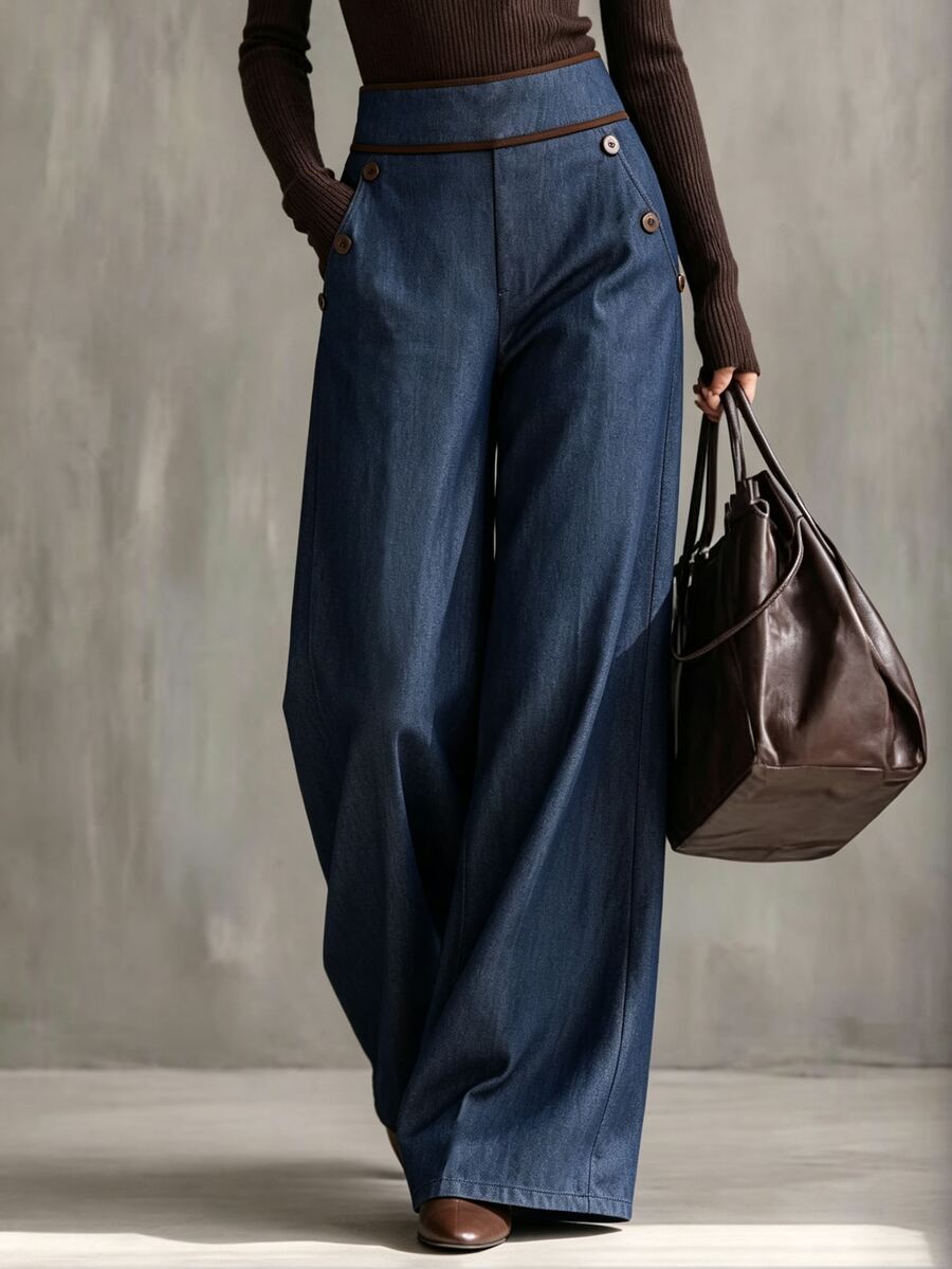 Elenzga Premium Navy Blue High-Waisted Wide-Leg Pants For Women, Draped Design, Flattering Slimming Fit, Button-Down Detail, Loose Fit Denim Effect Long Trousers - Dark Wash - View 1