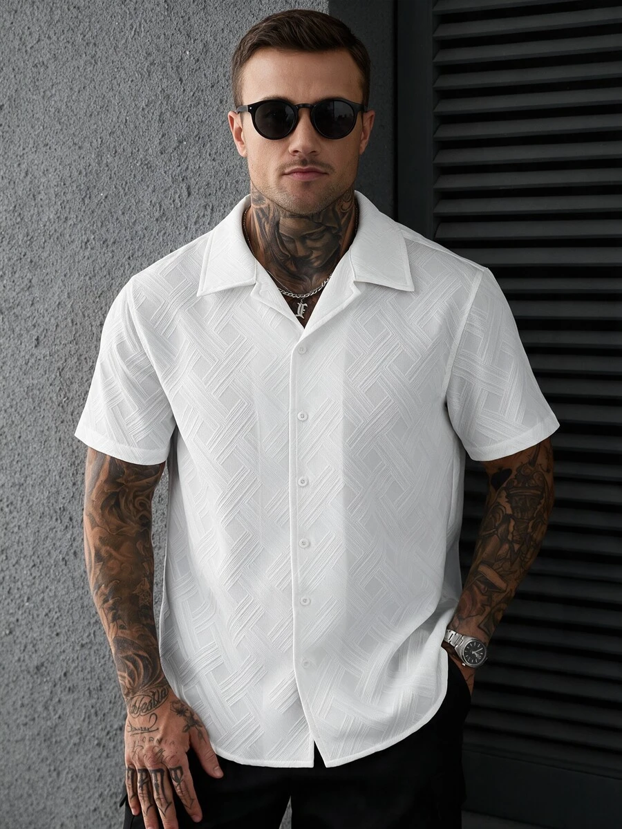 SLATEMANN Men's Single-Breasted Casual Commuter Short Sleeve Shirt - White - View 1
