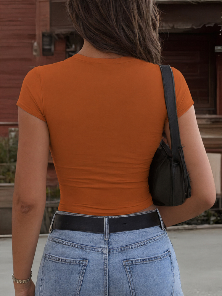 INAWLY Women's Solid Color Round Neck Short Sleeve Pleated Fitted Casual T-Shirt - Rust Brown - View 6
