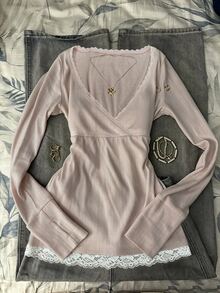 IslaSuriya Minimalist Sexy Style Lace 2 In 1 Long Sleeve T-Shirt - Dusty Pink - View 1