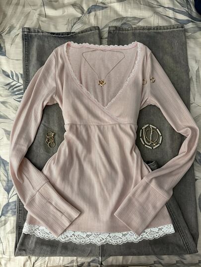IslaSuriya Kaos Lengan Panjang 2 in 1 Bergaya Minimalis Seksi dengan Renda