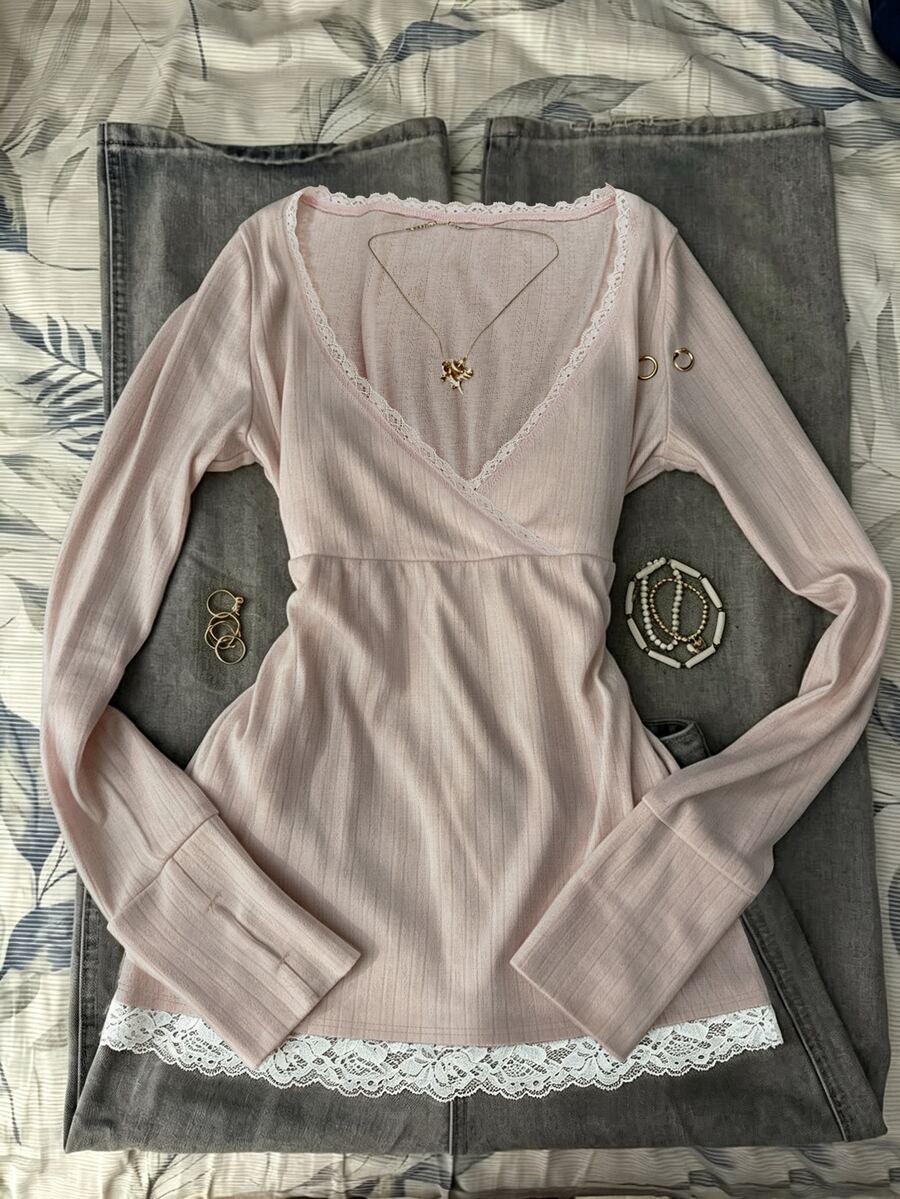 IslaSuriya Minimalist Sexy Style Lace 2 In 1 Long Sleeve T-Shirt - Dusty Pink - View 1
