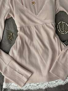 IslaSuriya Minimalist Sexy Style Lace 2 In 1 Long Sleeve T-Shirt - Dusty Pink - View 4