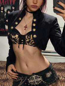 EgrlEra Women's Y2K Vintage Metal Button Decor Cropped Jacket - Black - View 1