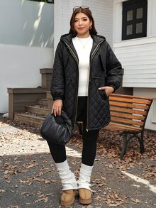 SHEIN LUNE Plus Size Women's Solid Color Hooded Casual Daily Winter Cotton Padded Coat - Black - View 6