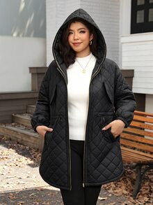 SHEIN LUNE Plus Size Women's Solid Color Hooded Casual Daily Winter Cotton Padded Coat - Black - View 5