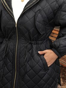 SHEIN LUNE Plus Size Women's Solid Color Hooded Casual Daily Winter Cotton Padded Coat - Black - View 8
