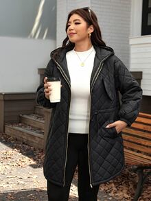 SHEIN LUNE Plus Size Women's Solid Color Hooded Casual Daily Winter Cotton Padded Coat - Black - View 3