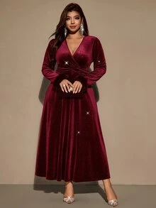 Velvienne فستان محبوك طويل أنيق للنساء ذوات المقاسات الكبيرة للخريف - الأحمر - مشاهدة 7