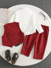 SHEIN 男嬰秋冬紅色三件式正式套裝，適合萬聖節、聖誕節、外出、假期與派對 - 酒紅色 - 查看 2
