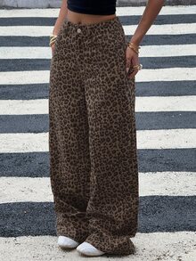 DAZY Women's Fashion Leopard Print Loose Casual Wide Leg Jeans Y2k - Coffee Brown - View 6
