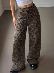 DAZY Women's Fashion Leopard Print Loose Casual Wide Leg Jeans Y2k - Coffee Brown - View 5