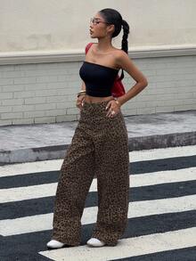 DAZY Women's Fashion Leopard Print Loose Casual Wide Leg Jeans Y2k - Coffee Brown - View 4