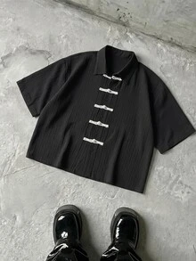 Manfinity RebelGame Men's Contrast Color Button Casual Versatile Black Short Sleeve Shirt - Black - View 2