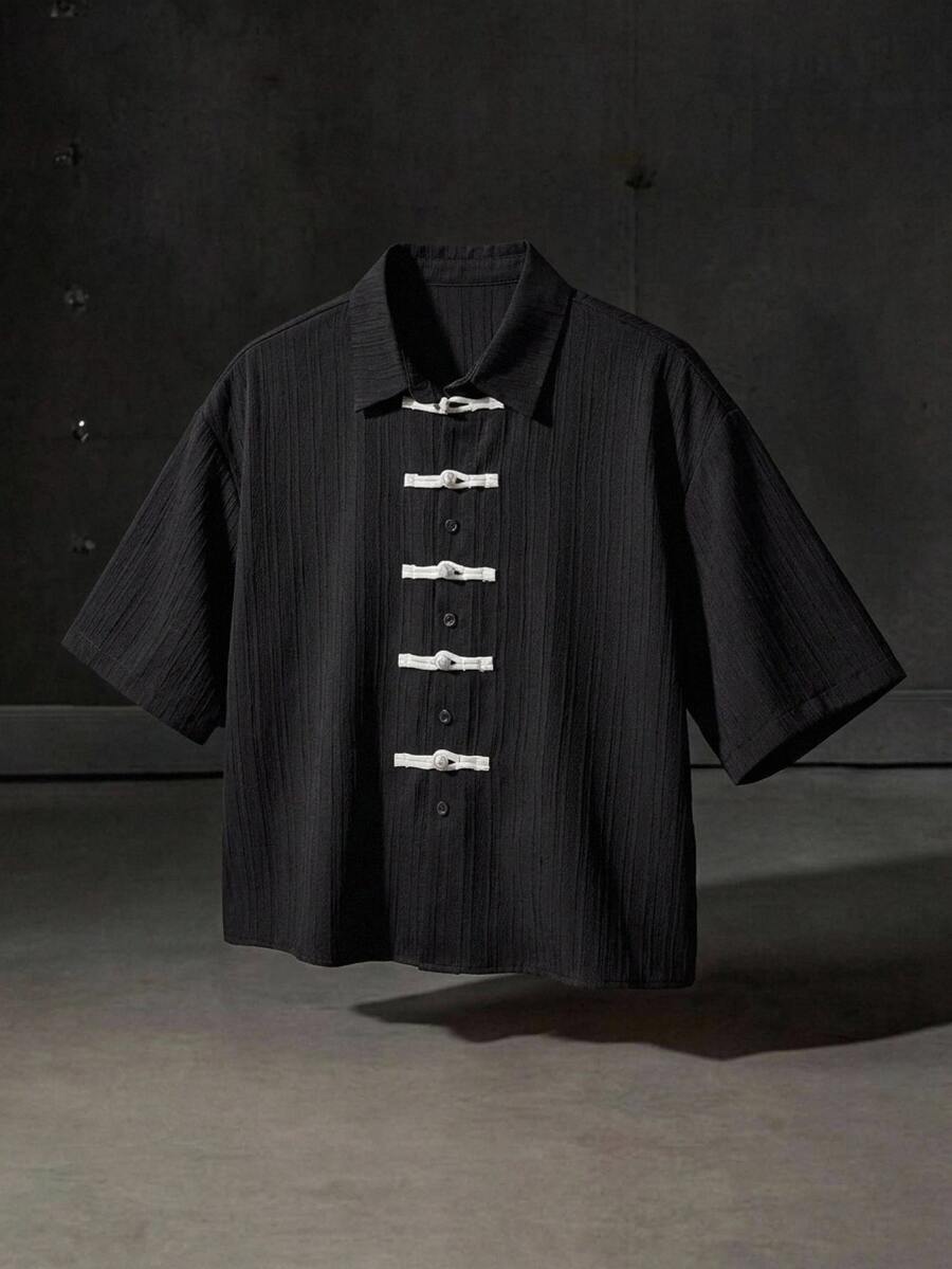 Manfinity RebelGame Men's Contrast Color Button Casual Versatile Black Short Sleeve Shirt - Black - View 1
