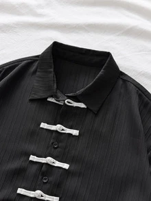 Manfinity RebelGame Men's Contrast Color Button Casual Versatile Black Short Sleeve Shirt - Black - View 5