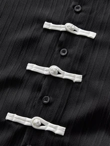 Manfinity RebelGame Men's Contrast Color Button Casual Versatile Black Short Sleeve Shirt - Black - View 7