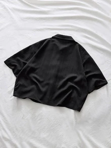 Manfinity RebelGame Men's Contrast Color Button Casual Versatile Black Short Sleeve Shirt - Black - View 4