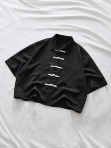 Manfinity RebelGame Men's Contrast Color Button Casual Versatile Black Short Sleeve Shirt - Black - View 3