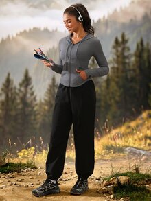 Exploreva Exploreva Women's Grey Hooded Jacket With Zipper Placket And Drawstring - Light Grey - View 6