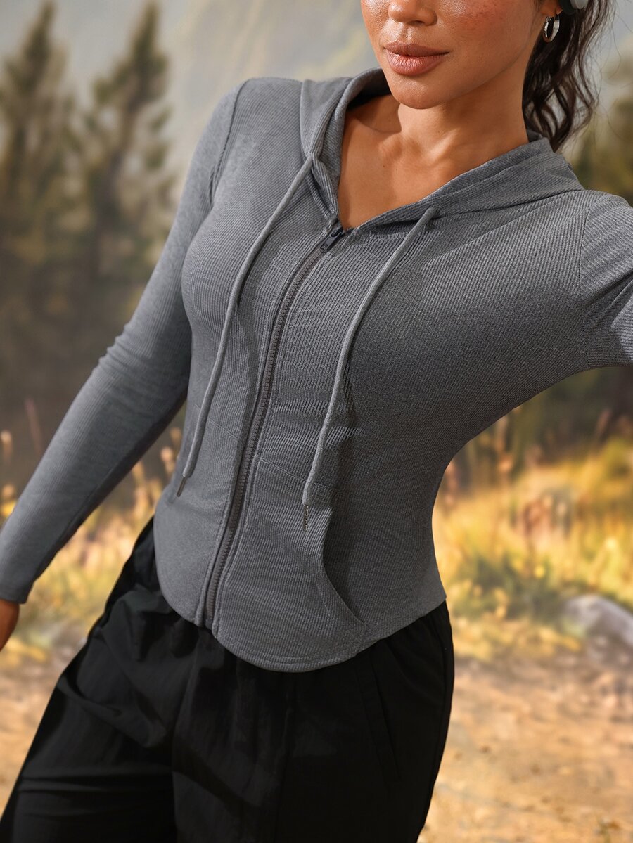 Exploreva Exploreva Women's Grey Hooded Jacket With Zipper Placket And Drawstring - Light Grey - View 1