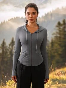 Exploreva Exploreva Women's Grey Hooded Jacket With Zipper Placket And Drawstring - Light Grey - View 3