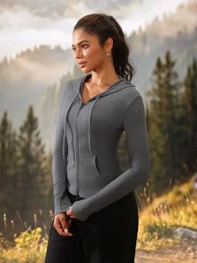 Exploreva Exploreva Women's Grey Hooded Jacket With Zipper Placket And Drawstring - Light Grey - View 4