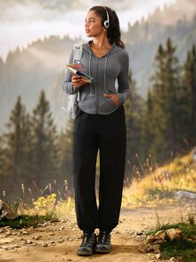 Exploreva Exploreva Women's Grey Hooded Jacket With Zipper Placket And Drawstring - Light Grey - View 5
