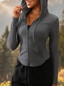Exploreva Exploreva Women's Grey Hooded Jacket With Zipper Placket And Drawstring - Light Grey - View 8