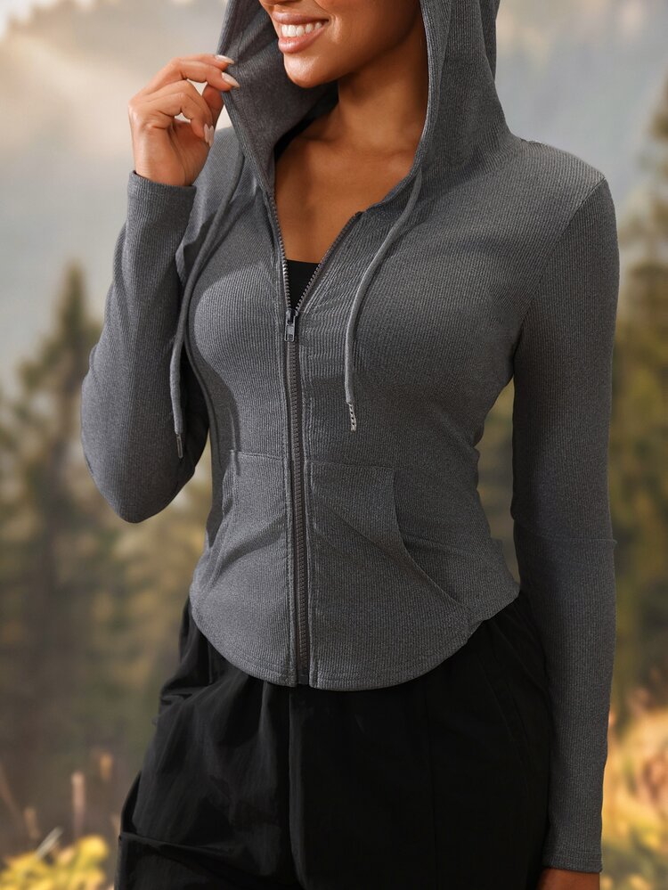Exploreva Exploreva Women's Grey Hooded Jacket With Zipper Placket And Drawstring - Light Grey - View 8