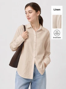 SHEIN BASICS Women's Casual Comfortable Solid Color Button Long Sleeve Shirt - Apricot - View 6
