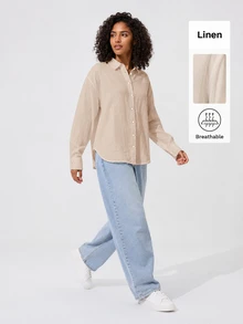 SHEIN BASICS Women's Casual Comfortable Solid Color Button Long Sleeve Shirt - Apricot - View 5