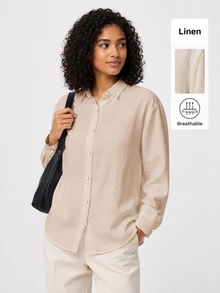 SHEIN BASICS Women's Casual Comfortable Solid Color Button Long Sleeve Shirt - Apricot - View 3