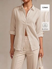 SHEIN BASICS Women's Casual Comfortable Solid Color Button Long Sleeve Shirt - Apricot - View 2
