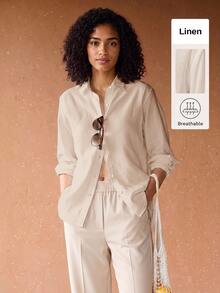 SHEIN BASICS Women's Casual Comfortable Solid Color Button Long Sleeve Shirt - Apricot - View 4
