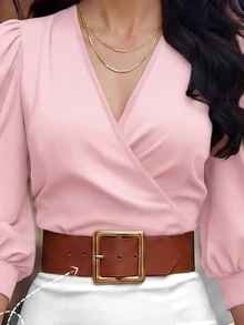 EMERY ROSE Stylish Pink Woven Fabric Top With V Neck And Bishop Half Sleeves Elegant Wrap Blouse - Pink - View 6