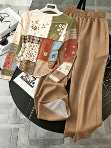 Franclia 女款拼接印花圓領長袖上衣與寬腿褲休閒兩件套 - 彩色 - 查看 2
