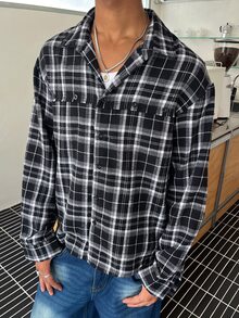STEELVANCE 男士舒適格紋布料長袖襯衫，前胸拼接設計，適合正式或休閒場合，休閒度假、用餐聚會、極簡辦公、居家休閒穿著，百搭風格，適合自用或送給朋友的禮物，熱銷舒適布料襯衫 - 黑與白 - 查看 2