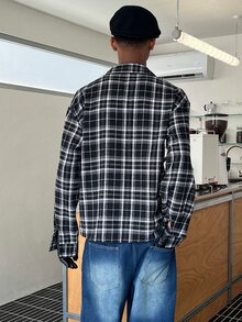 STEELVANCE 男士舒適格紋布料長袖襯衫，前胸拼接設計，適合正式或休閒場合，休閒度假、用餐聚會、極簡辦公、居家休閒穿著，百搭風格，適合自用或送給朋友的禮物，熱銷舒適布料襯衫 - 黑與白 - 查看 6