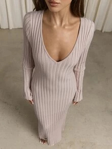 Aloruh Gaun Sweater Wanita Model Slim Fit Berlipit dengan Leher V Dalam untuk Musim Gugur/Dingin - Khaki - View 5