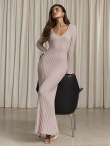Aloruh Gaun Sweater Wanita Model Slim Fit Berlipit dengan Leher V Dalam untuk Musim Gugur/Dingin - Khaki - View 6