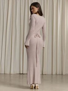 Aloruh Gaun Sweater Wanita Model Slim Fit Berlipit dengan Leher V Dalam untuk Musim Gugur/Dingin - Khaki - View 2