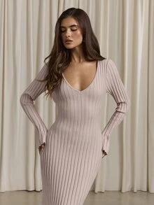 Aloruh Gaun Sweater Wanita Model Slim Fit Berlipit dengan Leher V Dalam untuk Musim Gugur/Dingin - Khaki - View 4