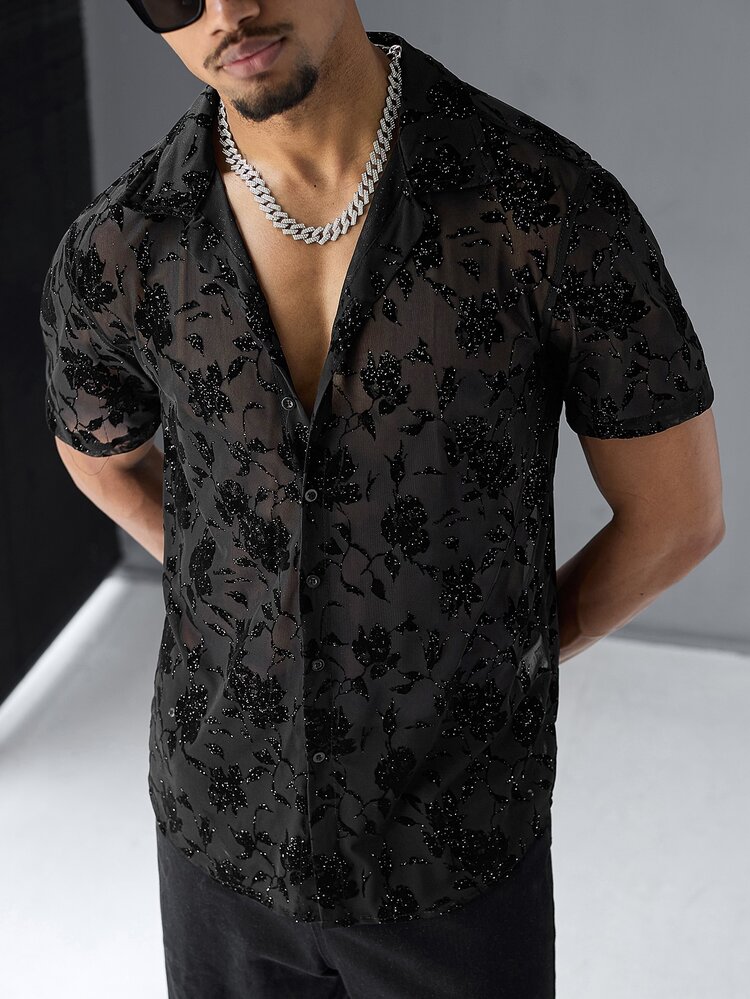SLATEMANN Men's Floral Mesh Single-Breasted Short Sleeve Shirt - Black - View 5