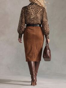 Velvienne 2026 New Plus Size Leopard Print Women's Blouse And Suede Bodycon Skirt Casual Daily Business 2 Pieces Set Fall - Brown - View 2