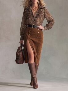 Velvienne 2026 New Plus Size Leopard Print Women's Blouse And Suede Bodycon Skirt Casual Daily Business 2 Pieces Set Fall - Brown - View 6