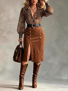 Velvienne 2026 New Plus Size Leopard Print Women's Blouse And Suede Bodycon Skirt Casual Daily Business 2 Pieces Set Fall - Brown - View 3
