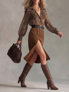 Velvienne 2026 New Plus Size Leopard Print Women's Blouse And Suede Bodycon Skirt Casual Daily Business 2 Pieces Set Fall - Brown - View 4