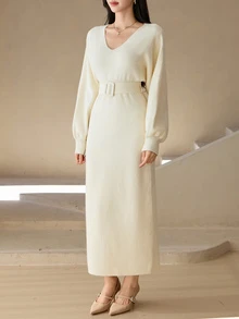 DAZY Women's Solid Color V-Neck Casual Everyday Knit Dress - Beige - View 3