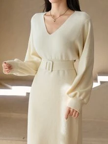 DAZY Women's Solid Color V-Neck Casual Everyday Knit Dress - Beige - View 4